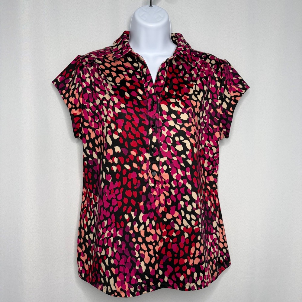 Chicos Zenergy Womens‎ Size 1 Pink Red Abstract Pebble Print Polo Top Athleisure